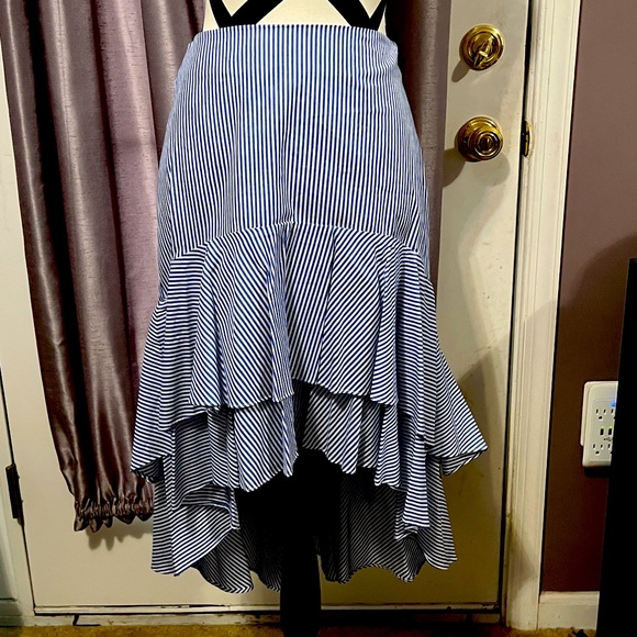 Blue and white striped high-low ruffle skirt, M - Picture 1 of 3